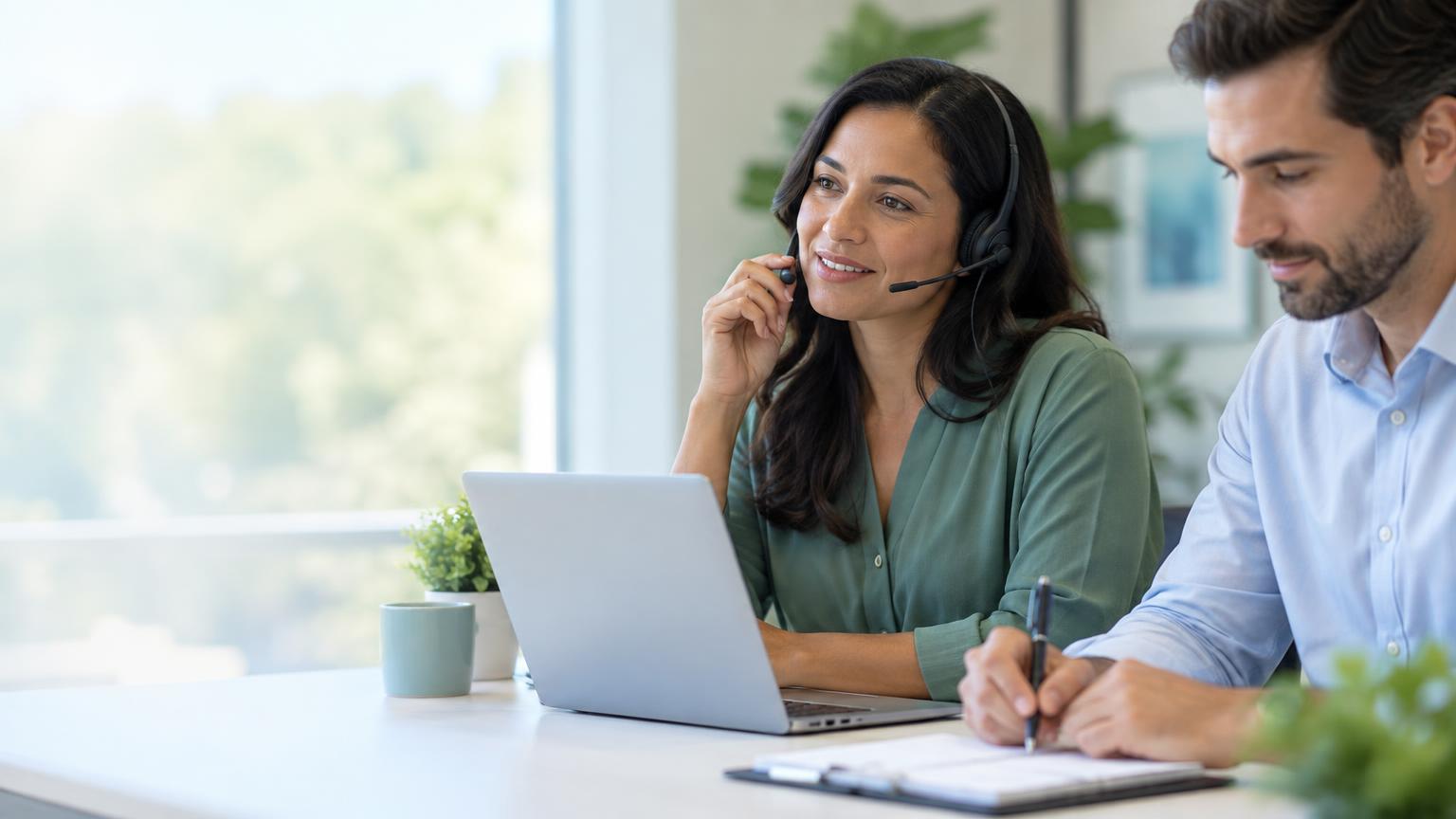 A care coordinator on a headset working beside a practice manager